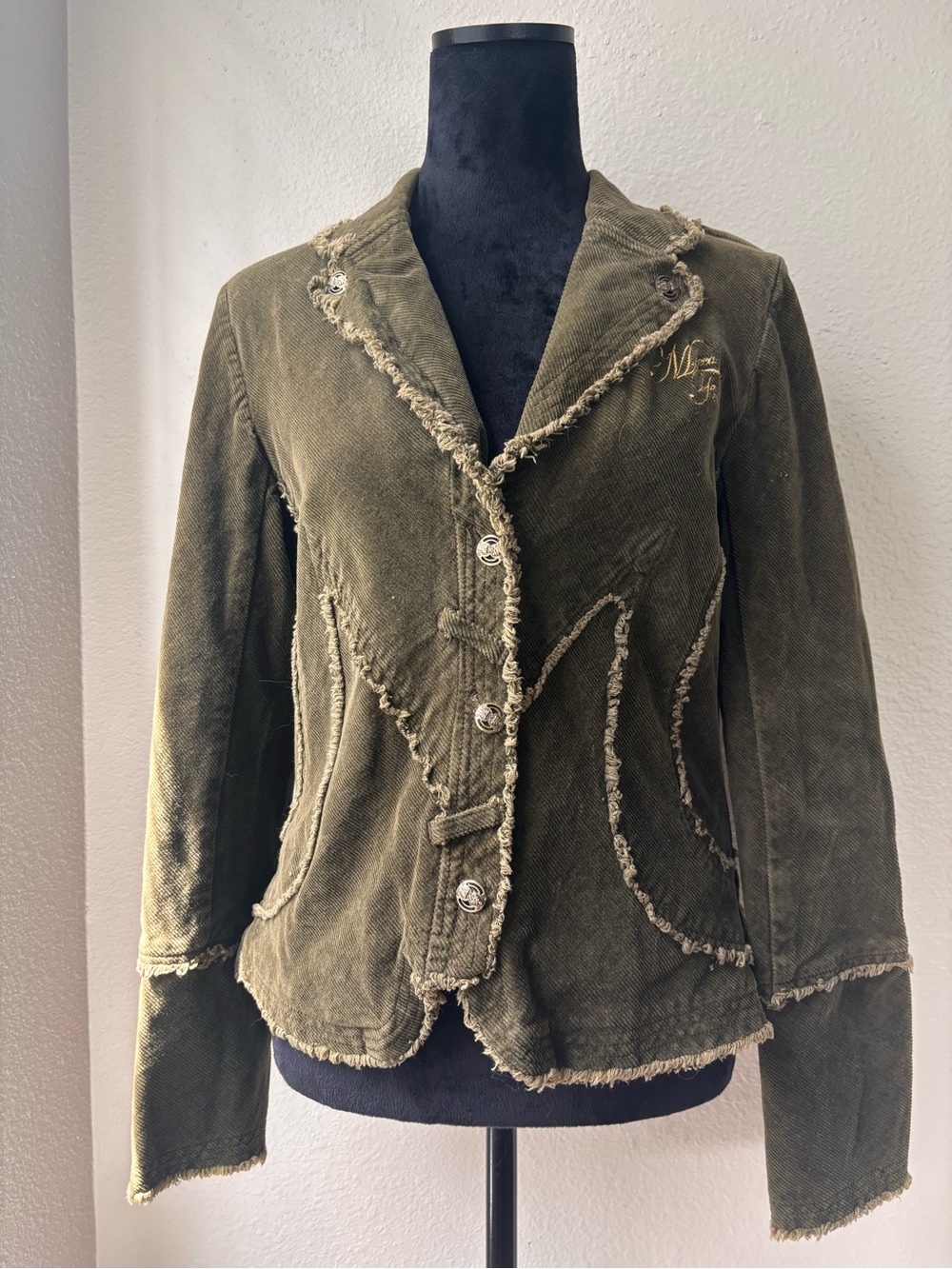 Women's Olive Frayed-Edge Corduroy Blazer